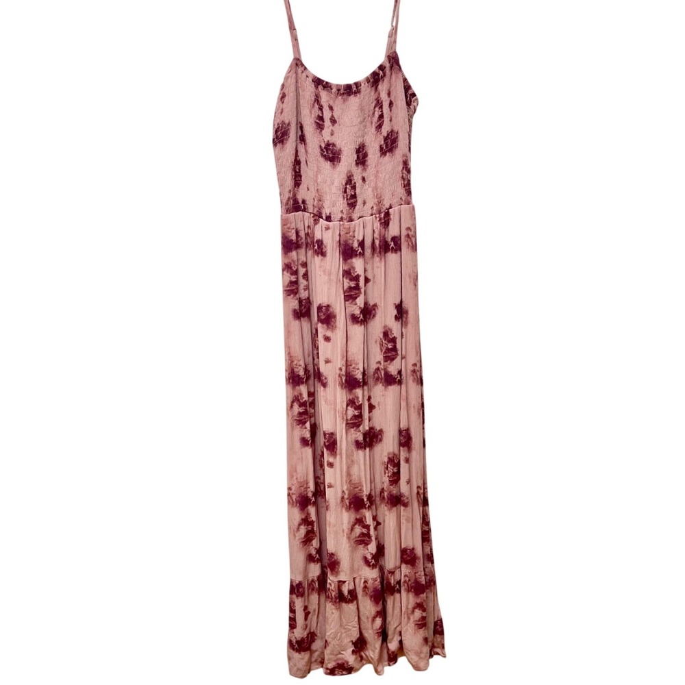 Abound Pink Burgundy Tie Dye Smocked Maxi Dress Large Boho Ruffle Hem Back Slit